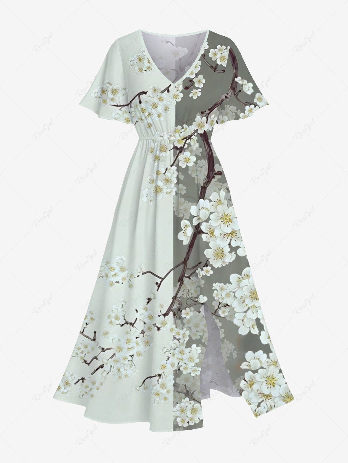 Fancy Plus Size Colorblock Peach Blossom Flower Branch Print Split Hawaii Midi Dress  