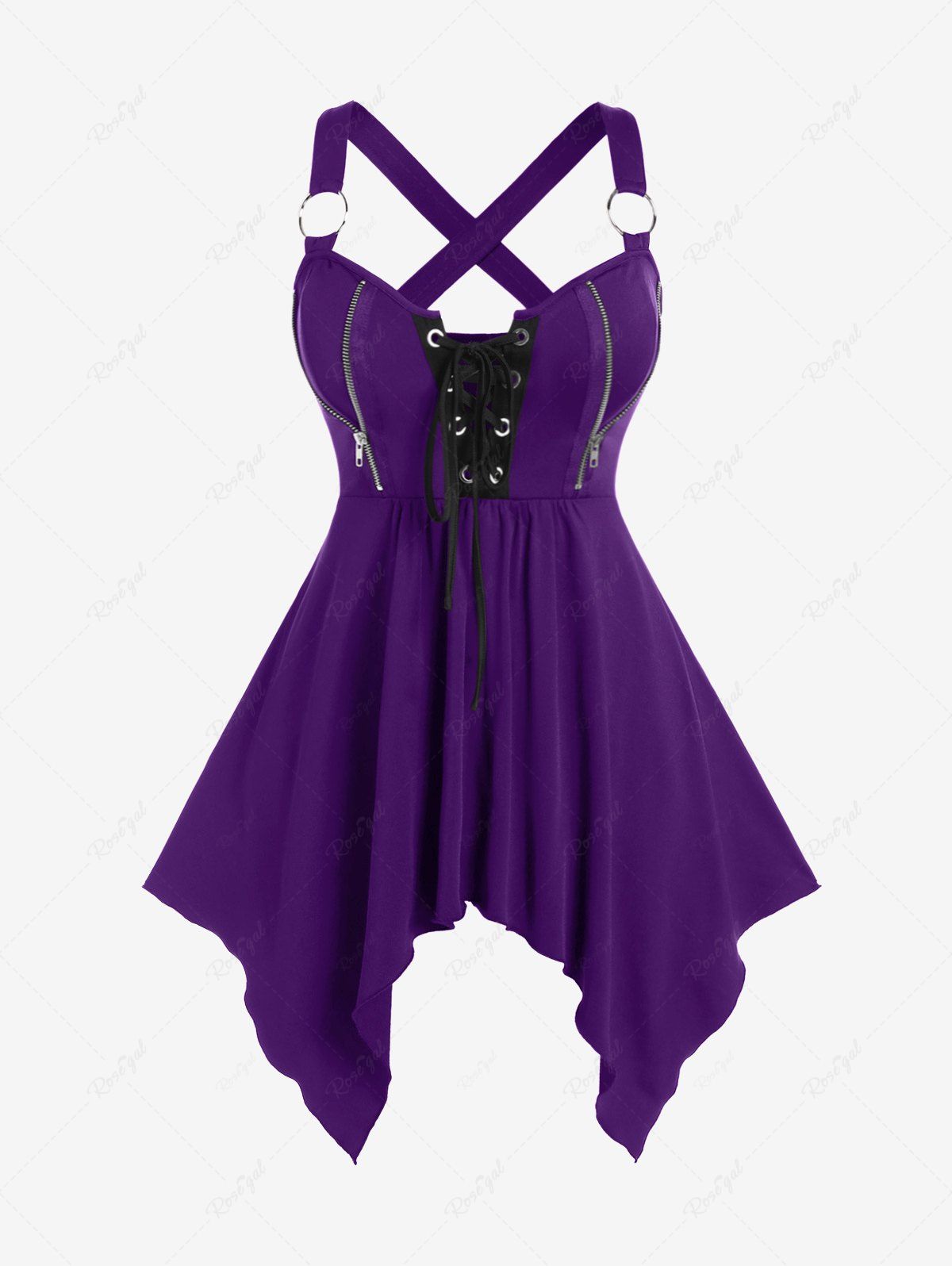 Outfit Plus Size Lace Up Zipper Crisscross Handkerchief Tank Top  