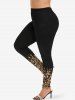 Tie Dye Leaf Printed Lace Up Corset 2 In 1 Cold Shoulder Plisse Blouse and Glitter 3D Print Leggings Plus Size Outfit -  