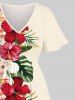 Robe Mi-Longue Fendue Fleur D'Hibiscus et Feuille Tropicale Imprimées de Grande Taille - Beige XXS