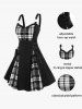 Plus Size Plaid Colorblock Print Lace Up Half Zipper Patchwork Fit and Flare Dress -  
