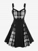 Plus Size Plaid Colorblock Print Lace Up Half Zipper Patchwork Fit and Flare Dress -  