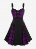 Plus Size Plaid Colorblock Print Lace Up Half Zipper Patchwork Fit and Flare Dress -  