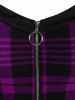 Plus Size Plaid Colorblock Print Lace Up Half Zipper Patchwork Fit and Flare Dress -  