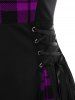 Gothic Plus Size Plaid Colorblock Print Lace Up Half Zipper Patchwork Fit and Flare Dress -  