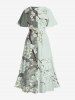 Plus Size Colorblock Peach Blossom Flower Branch Print Split Hawaii Midi Dress -  