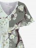 Plus Size Colorblock Peach Blossom Flower Branch Print Split Hawaii Midi Dress -  