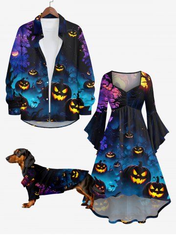 Halloween Costume Pumpkin Lantern Tree Bat Ombre Galaxy Print Dog And Owner Matching Outfits - MULTI-A