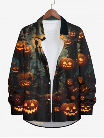 Plus Size Halloween Pumpkin Moon Scarecrow Print Buttons Long Sleeve Shirt For Men