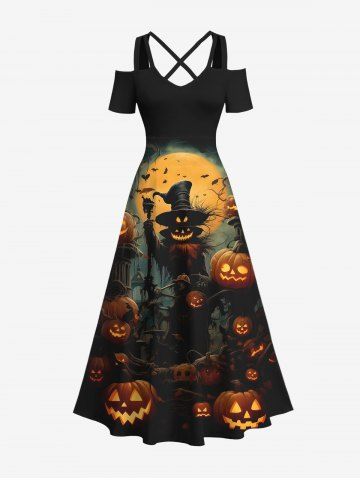 Plus Size Halloween Costume Pumpkin Scarecrow Moon Print Cold Shoulder Crisscross Maxi Dress