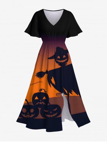 Plus Size Halloween Costume Hat Pumpkin Scarecrow Print Split Midi Dress - BLACK - M