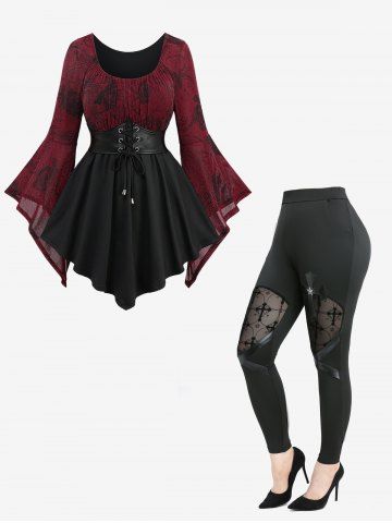 Gothic Flare Sleeves Glitter Rose Flower Print Lace Up Top and Cross Floral Flocking Mesh Patchwork Leggings Plus Size Outfit - RED