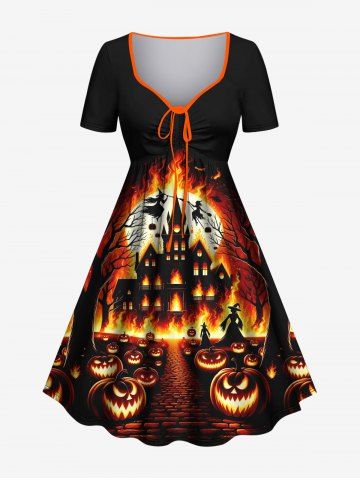 Plus Size Halloween Costume Pumpkin Moon Fire Flame Tree Print Cinched Dress