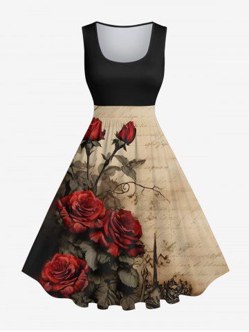 Plus Size Rose Flower Leaf Distressed Newspaper Print Halloween Costume Vintage Swing A Line Dress - BLACK - L