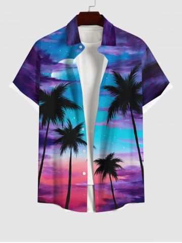 Plus Size Coconut Tree Colorful Ombre Galaxy Moon Print Hawaii Button Pocket Shirt For Men - MULTI-A - M