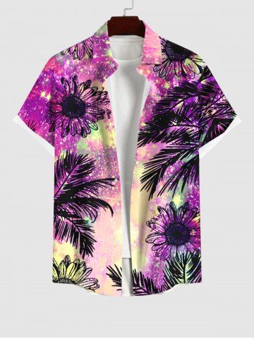 Plus Size Painting Splatter Flower Coconut Tree Tropical Leaves Print Hawaii Button Pocket Shirt For Men - PURPLE - S