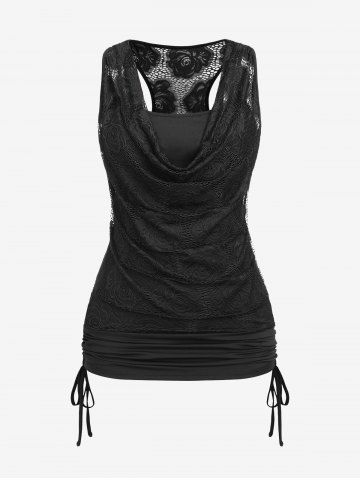 Plus Size Cowl Neck Cinched Rose Lace Tank Top - BLACK - 2X | US 18-20