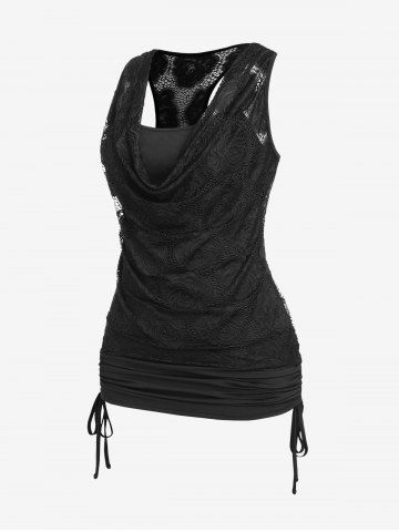 Plus Size Cowl Neck Cinched Rose Lace Tank Top