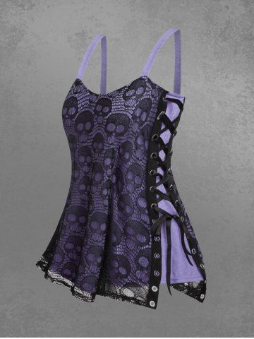 Plus Size Skull Lace Overlay Gothic Tank Top - PURPLE - 1X | US 14-16