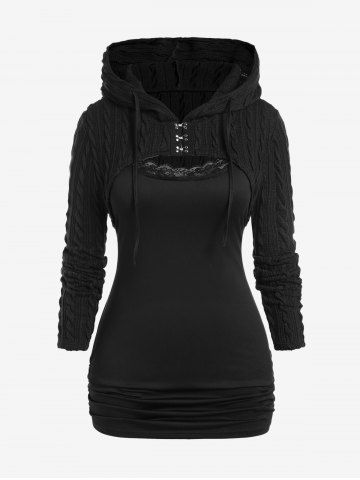 Plus Size Lace Trim Ruched Camisole and Hooded Cable Knit Hook and Eye Shrug Top Set - BLACK - L | US 12