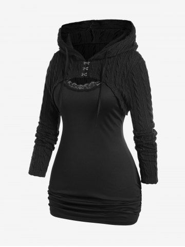 Plus Size Lace Trim Ruched Camisole and Hooded Cable Knit Hook and Eye Shrug Top Set