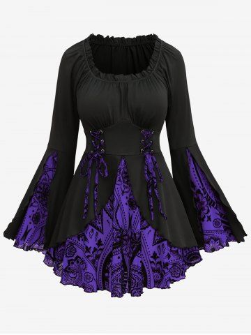 Plus Size Floral Figure Print Lace Up Ruched Ruffles Bell Sleeves T-shirt - PURPLE - L | US 12