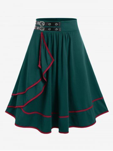 Jupe Mi-Longue Ligne A Contrastée Bouclée Grande Taille en PU à Volants - DEEP GREEN - 5X | US 30-32