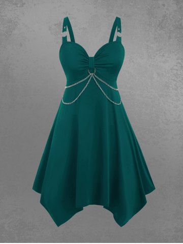 Gothic Plus Size Handkerchief O Ring Chains Dress - DEEP GREEN - L