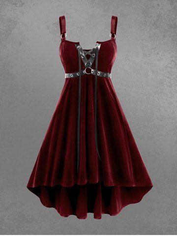 Gothic Lace Up Grommets High Low Velvet Midi Dress - DEEP RED - L | US 12