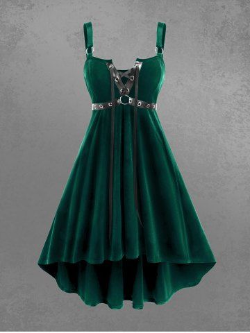 Gothic Lace Up Grommets High Low Velvet Midi Dress - DEEP GREEN - L | US 12