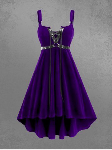 Gothic Lace Up Grommets High Low Velvet Midi Dress - CONCORD - 3X | US 22-24