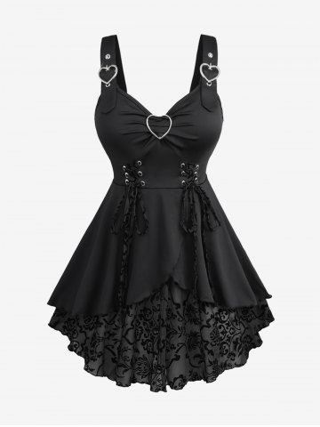 Plus Size Floral Flocking Tulip Hem Layered Ruffles Lace Up Ruched Heart Buckles Tank Top - MULTI - 4X | US 26-28