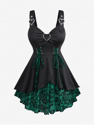 Plus Size Floral Flocking Tulip Hem Layered Ruffles Lace Up Ruched Heart Buckles Tank Top - DEEP GREEN - 5X | US 30-32