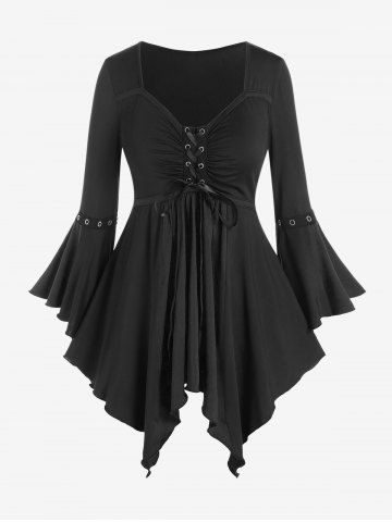 Gothic Plus Size Flare Sleeves Lace Up Two Tone Handkerchief Top - BLACK - 1X | US 14-16