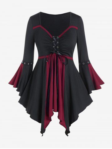 Gothic Plus Size Flare Sleeves Lace Up Two Tone Handkerchief Top - DEEP RED - L | US 12