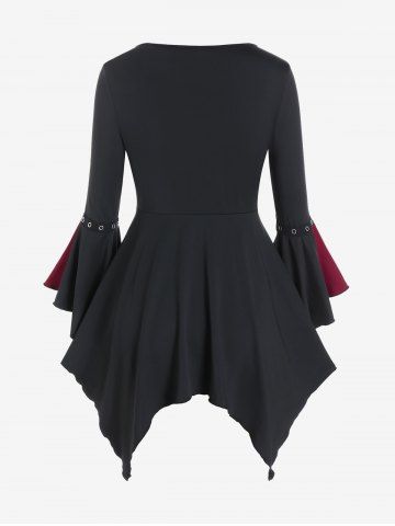 Gothic Plus Size Flare Sleeves Lace Up Two Tone Handkerchief Top