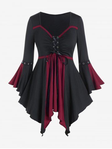 Gothic Plus Size Flare Sleeves Lace Up Two Tone Handkerchief Top - DEEP RED - 2X | US 18-20