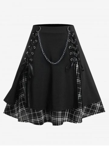 Gothic Chains Lace Up Layered Plaid Skirt - MULTI - 2X | US 18-20