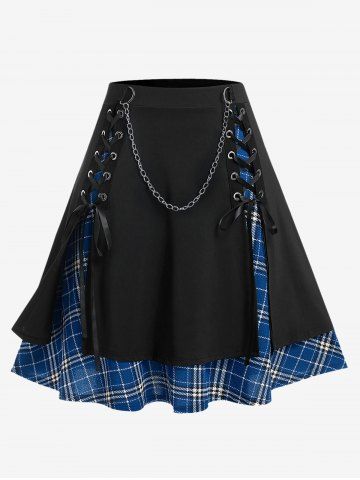 Gothic Chains Lace Up Layered Plaid Skirt - DEEP BLUE - 3X | US 22-24