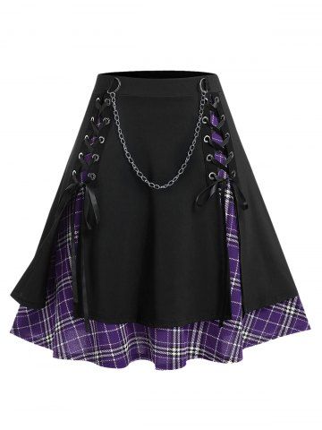 Gothic Chains Lace Up Layered Plaid Skirt - PURPLE - 1X | US 14-16