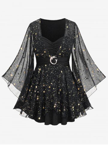 Plus Size Foil Stamping Star Print Buckle Ruched Sheer Layered T-shirt - BLACK - L | US 12