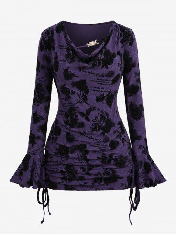 Plus Size Cowl Neck Poet Sleeves Rose Flower Letters Flocking Jacquard Embroidered Cinched Chain Top - PURPLE - M | US 10