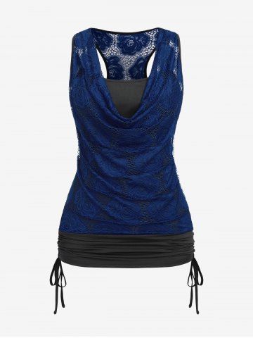 Plus Size Cowl Neck Cinched Rose Lace Tank Top - DEEP BLUE - L | US 12