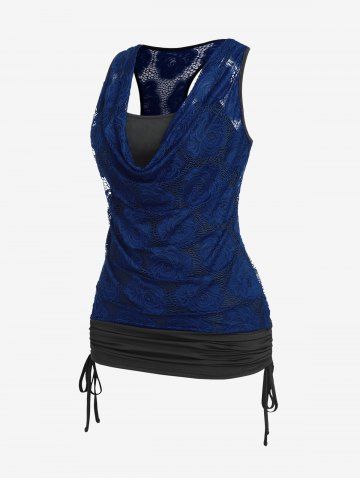 Plus Size Cowl Neck Cinched Rose Lace Tank Top