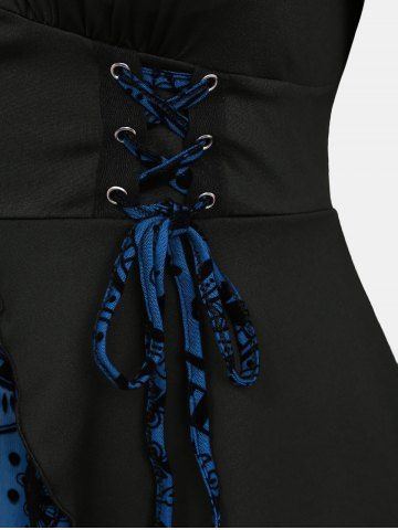 Gothic Plus Size Floral Figure Print Lace Up Ruched Ruffles Bell Sleeves Tops