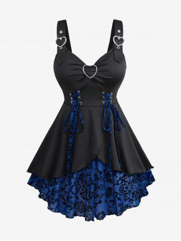 Débardeur Superposé Fleuri à Bretelle Bouclée Grande Taille à Lacets à Volants - DEEP BLUE - M | US 10