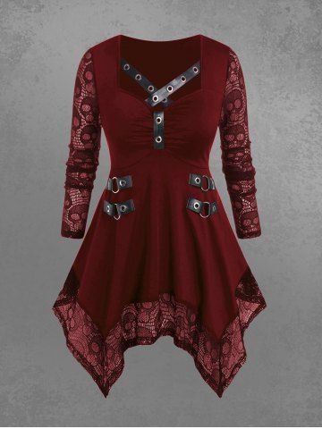 Skull Lace Panel Handkerchief Gothic Tee - DEEP RED - 2X | US 18-20