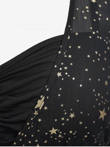 Plus Size Foil Stamping Star Print Buckle Ruched Sheer Layered T-shirt