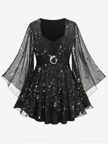 Plus Size Foil Stamping Star Print Buckle Ruched Sheer Layered T-shirt