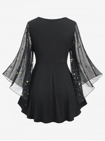 Plus Size Foil Stamping Star Print Buckle Ruched Sheer Layered T-shirt